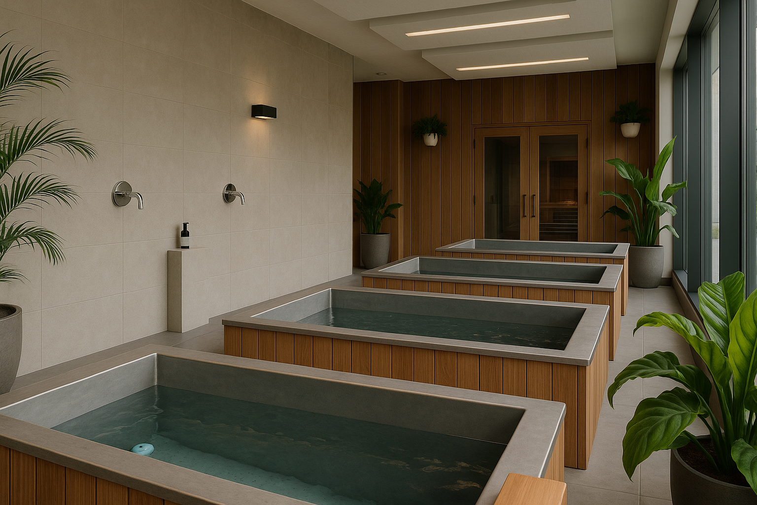 Modern cold plunge pools with natural wood accents and tranquil spa atmosphere